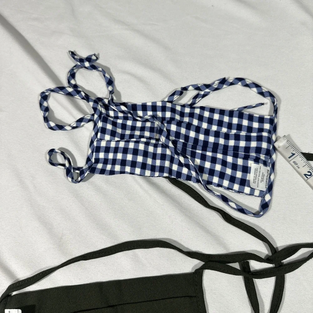 NEW Reformation Face Mask [ 2 Piece ] Blue Gingham Print +‎ Olive Green #T2153